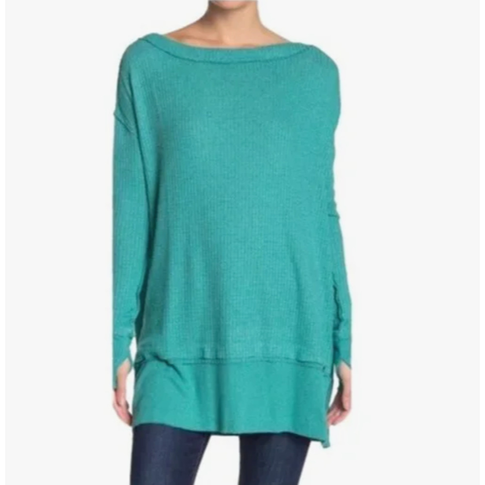 Free People Size S Oversize North Shore Thermal Tunic Shirt Aqua Green - Picture 2 of 12